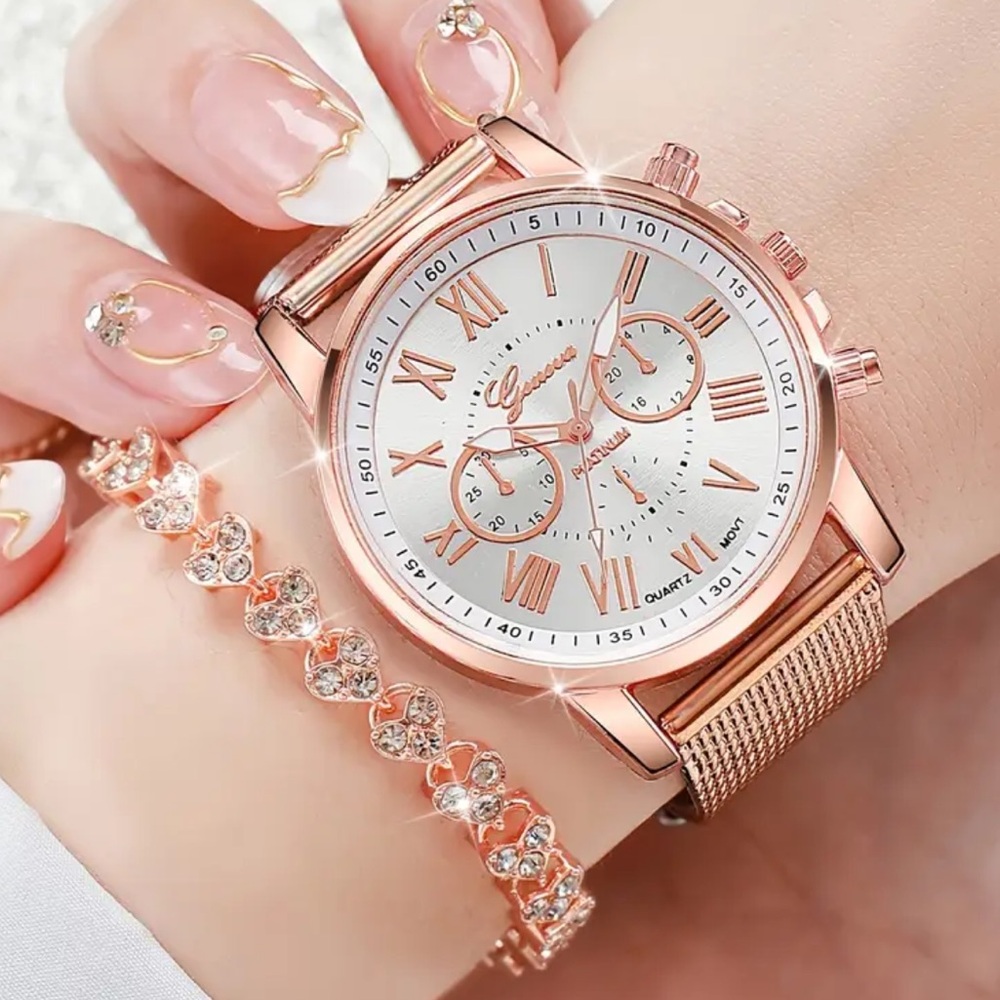 Geneva Rose Gold Watch + Tennis Bracelet Matching Set